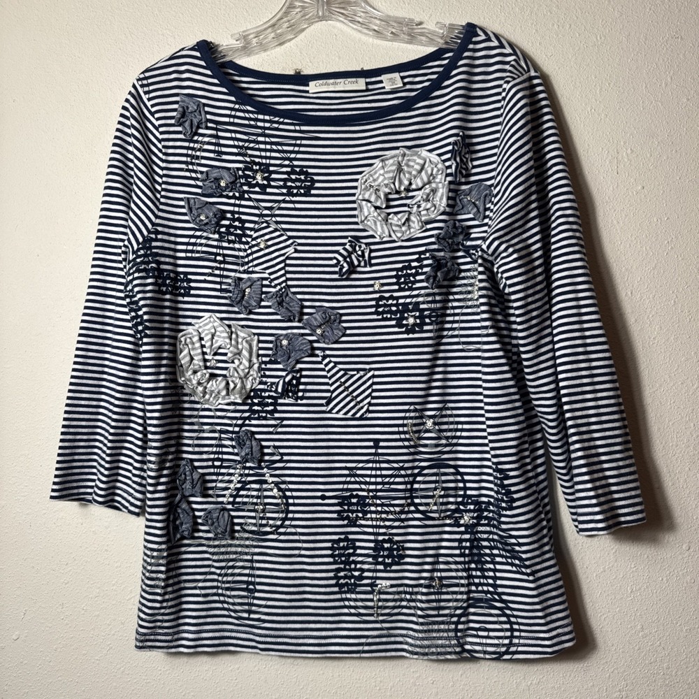 Coldwater Creek Women's M Navy White Stripe Floral Applique Embellished Top
